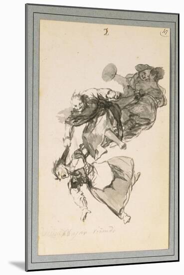 Bajan Riñendo, or They Go Down Quarrelling (Brush and Grey Wash with Scraping on Paper)-Francisco de Goya-Mounted Giclee Print