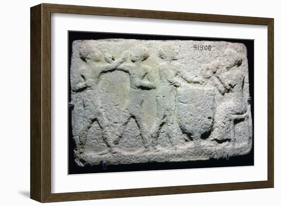 Baked clay plaque of two boxers fighting, while musicians play, from Larsa, Iraq, 2000BC-1750BC-Unknown-Framed Giclee Print