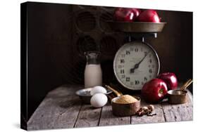 Baking Ingredients on Rustic Table Apples, Eggs and Sugar-Elena Veselova-Stretched Canvas