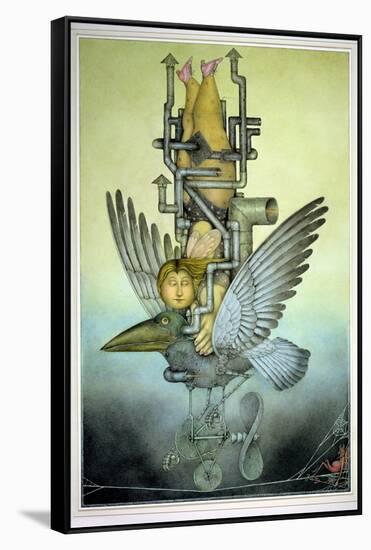 Balancing Girl on Mechanical Bird on Tightrope-Wayne Anderson-Framed Stretched Canvas