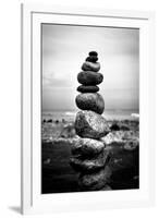 Balancing Rocks on Beach Black White-null-Framed Photo