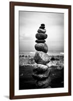 Balancing Rocks on Beach Black White-null-Framed Photo
