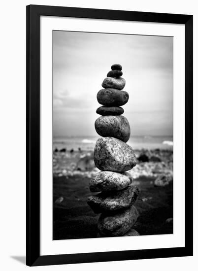 Balancing Rocks on Beach Black White-null-Framed Photo