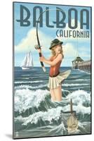 Balboa, California - Surf Fishing Pinup Girl-Lantern Press-Mounted Art Print