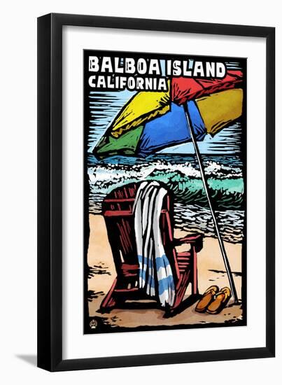 Balboa Island, California - Beach Chair - Scratchboard-Lantern Press-Framed Art Print