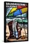 Balboa Island, California - Beach Chair - Scratchboard-Lantern Press-Framed Stretched Canvas