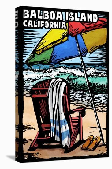 Balboa Island, California - Beach Chair - Scratchboard-Lantern Press-Stretched Canvas