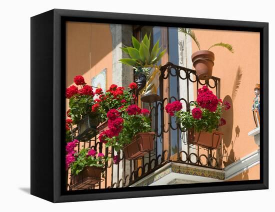 Balcony Detail, Corso Umberto 1, Taormina, Sicily, Italy-Walter Bibikow-Framed Stretched Canvas