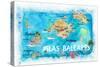 Balearic Islands Illustrated Travel Map with Majorca Ibiza Menorca Landmarks and Highlights-M. Bleichner-Stretched Canvas