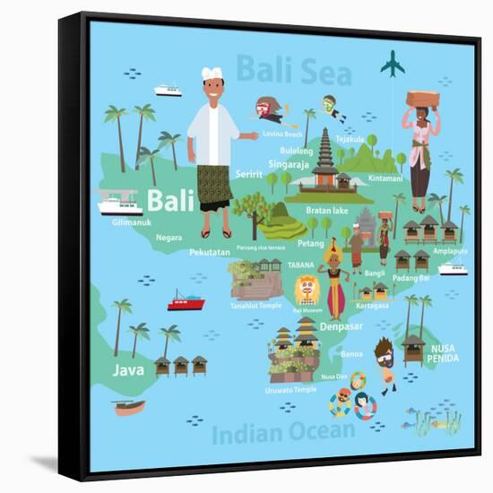 Bali Indonesia Map and Travel Eps 10 Format-Sajja-Framed Stretched Canvas