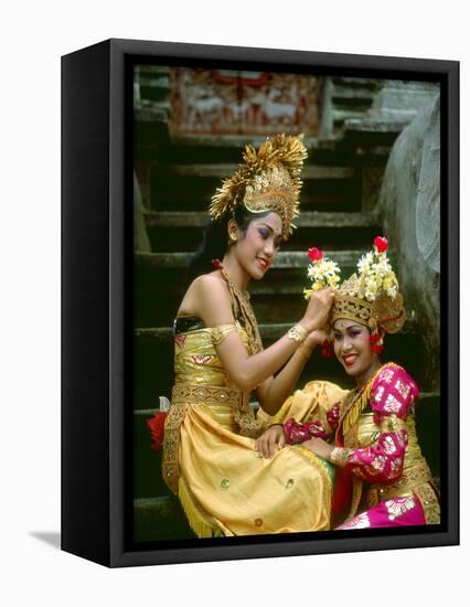 Balinese Dancers in Front of Temple in Ubud, Bali, Indonesia-Jim Zuckerman-Framed Stretched Canvas