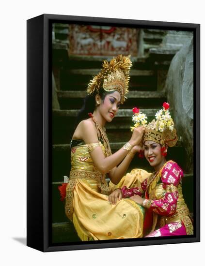 Balinese Dancers in Front of Temple in Ubud, Bali, Indonesia-Jim Zuckerman-Framed Stretched Canvas