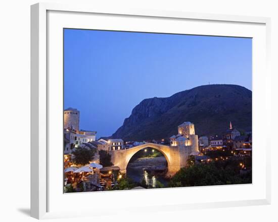 Balkans Bosnia Mostar Stari Most Peace Bridge on Neretva River Lit Up in the Evening-Christian Kober-Framed Photographic Print