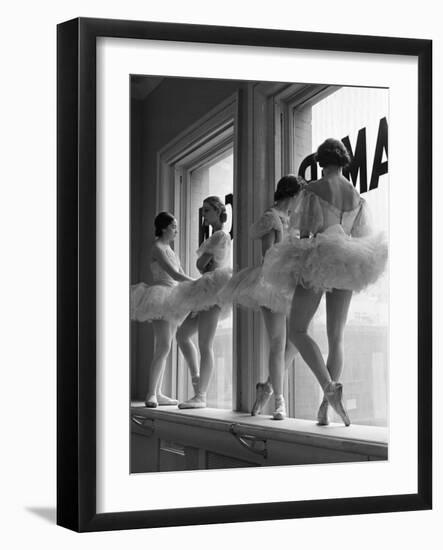 Ballerinas on Window Sill in Rehearsal Room at George Balanchine's School of American Ballet-Alfred Eisenstaedt-Framed Premium Photographic Print