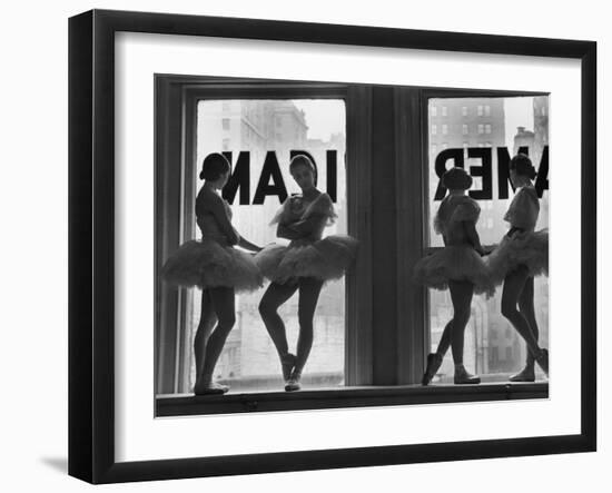 Ballerinas Standing on Window Sill in Rehearsal Room, George Balanchine's School of American Ballet-Alfred Eisenstaedt-Framed Premium Photographic Print