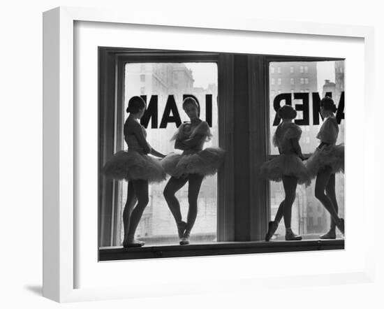 Ballerinas Standing on Window Sill in Rehearsal Room, George Balanchine's School of American Ballet-Alfred Eisenstaedt-Framed Premium Photographic Print