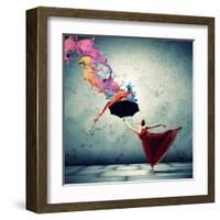 Ballet Dancer In Flying Satin Dress With Umbrella-Sergey Nivens-Framed Art Print