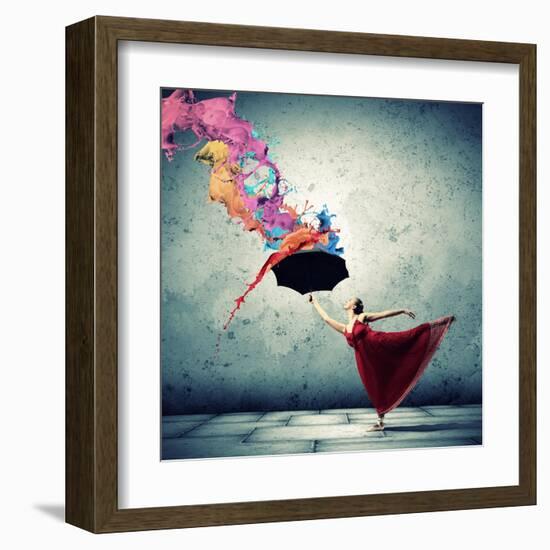 Ballet Dancer In Flying Satin Dress With Umbrella-Sergey Nivens-Framed Art Print