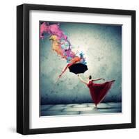 Ballet Dancer In Flying Satin Dress With Umbrella-Sergey Nivens-Framed Art Print