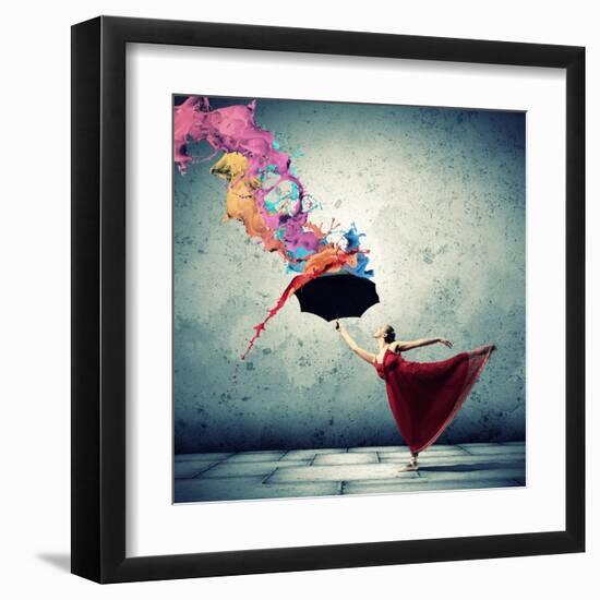 Ballet Dancer In Flying Satin Dress With Umbrella-Sergey Nivens-Framed Art Print