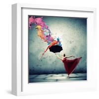 Ballet Dancer In Flying Satin Dress With Umbrella-Sergey Nivens-Framed Art Print