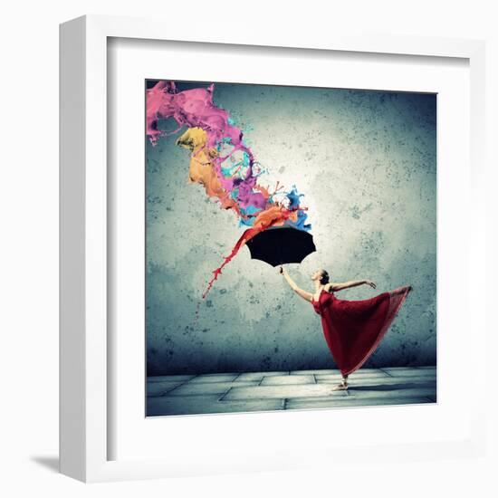 Ballet Dancer In Flying Satin Dress With Umbrella-Sergey Nivens-Framed Art Print