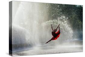 Ballet dancer in red dress dancing in fountain, International Fountain, Seattle, Washington Stat...-Pete Saloutos-Stretched Canvas