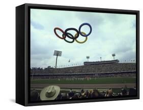 Balloons in the Shape of the Olympic Rings Being Released at the Summer Olympics Opening Ceremonies-John Dominis-Framed Stretched Canvas