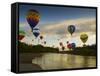 Balloons Soaring About Sandia Mountains and Rio Grande River During Albuquerque Balloon Fiesta-James Shive-Framed Stretched Canvas