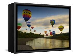 Balloons Soaring About Sandia Mountains and Rio Grande River During Albuquerque Balloon Fiesta-James Shive-Framed Stretched Canvas