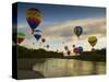Balloons Soaring About Sandia Mountains and Rio Grande River During Albuquerque Balloon Fiesta-James Shive-Stretched Canvas