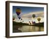 Balloons Soaring About Sandia Mountains and Rio Grande River During Albuquerque Balloon Fiesta-James Shive-Framed Photographic Print