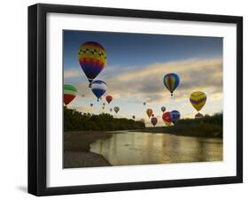 Balloons Soaring About Sandia Mountains and Rio Grande River During Albuquerque Balloon Fiesta-James Shive-Framed Photographic Print