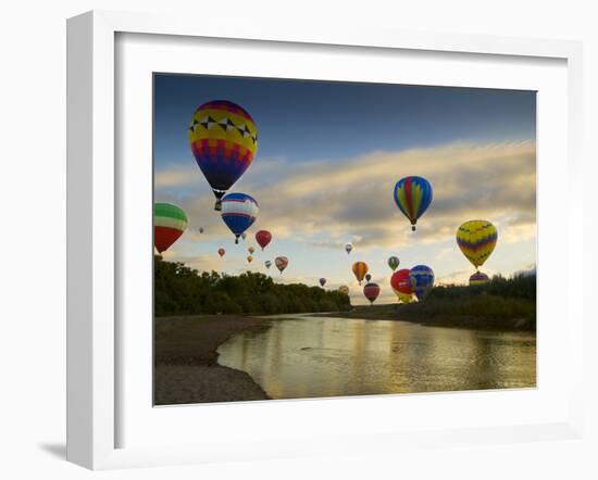 Balloons Soaring About Sandia Mountains and Rio Grande River During Albuquerque Balloon Fiesta-James Shive-Framed Photographic Print