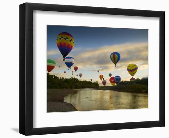 Balloons Soaring About Sandia Mountains and Rio Grande River During Albuquerque Balloon Fiesta-James Shive-Framed Photographic Print