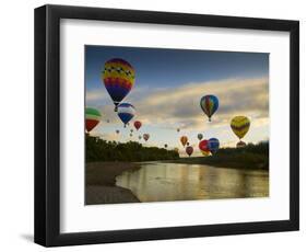 Balloons Soaring About Sandia Mountains and Rio Grande River During Albuquerque Balloon Fiesta-James Shive-Framed Photographic Print