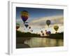 Balloons Soaring About Sandia Mountains and Rio Grande River During Albuquerque Balloon Fiesta-James Shive-Framed Photographic Print