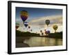 Balloons Soaring About Sandia Mountains and Rio Grande River During Albuquerque Balloon Fiesta-James Shive-Framed Photographic Print