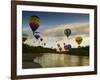 Balloons Soaring About Sandia Mountains and Rio Grande River During Albuquerque Balloon Fiesta-James Shive-Framed Photographic Print