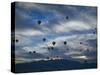 Balloons Soaring About Sandia Mountains During Albuquerque Balloon Fiesta-James Shive-Stretched Canvas