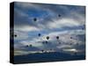 Balloons Soaring About Sandia Mountains During Albuquerque Balloon Fiesta-James Shive-Stretched Canvas