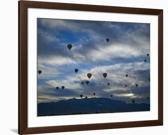 Balloons Soaring About Sandia Mountains During Albuquerque Balloon Fiesta-James Shive-Framed Photographic Print