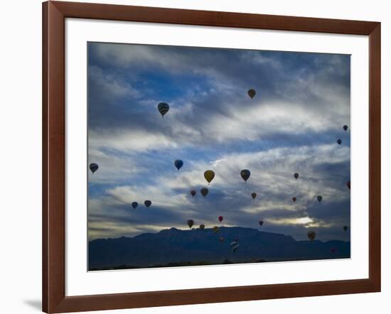 Balloons Soaring About Sandia Mountains During Albuquerque Balloon Fiesta-James Shive-Framed Photographic Print