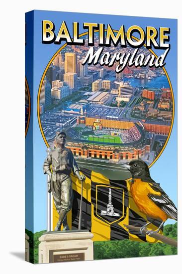 Baltimore, Maryland - Baseball Montage-Lantern Press-Stretched Canvas