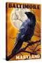 Baltimore, Maryland - Raven and Moon-Lantern Press-Stretched Canvas