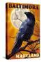 Baltimore, Maryland - Raven and Moon-Lantern Press-Stretched Canvas