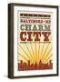 Baltimore, Maryland - Skyline and Sunburst Screenprint Style-Lantern Press-Framed Art Print