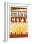 Baltimore, Maryland - Skyline and Sunburst Screenprint Style-Lantern Press-Framed Art Print