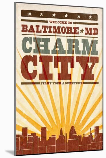 Baltimore, Maryland - Skyline and Sunburst Screenprint Style-Lantern Press-Mounted Art Print