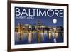 Baltimore, Maryland - Skyline at Night-Lantern Press-Framed Premium Giclee Print